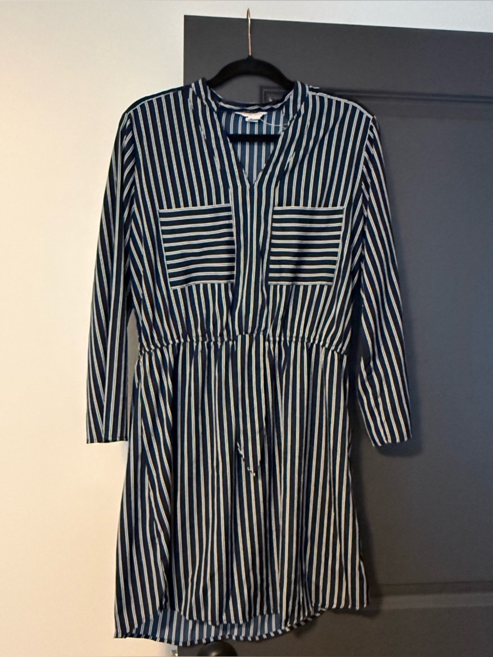 Streetwear Society Navy and White Striped Long-Sleeve Shirt Dress — L